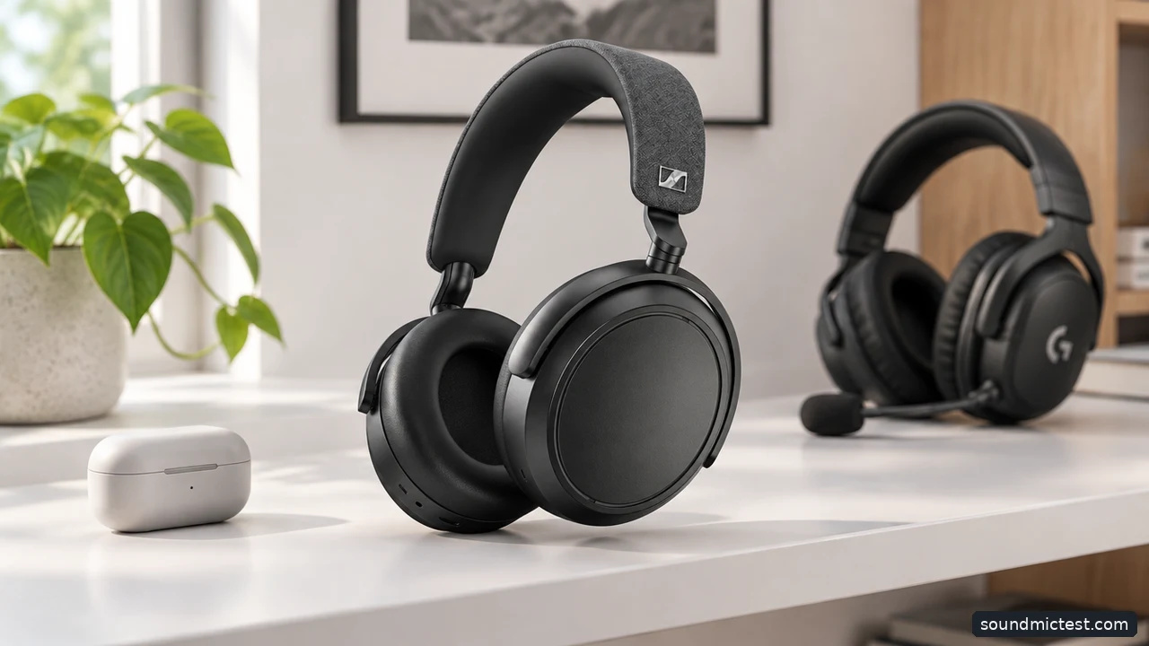 Different headphone categories on a shelf