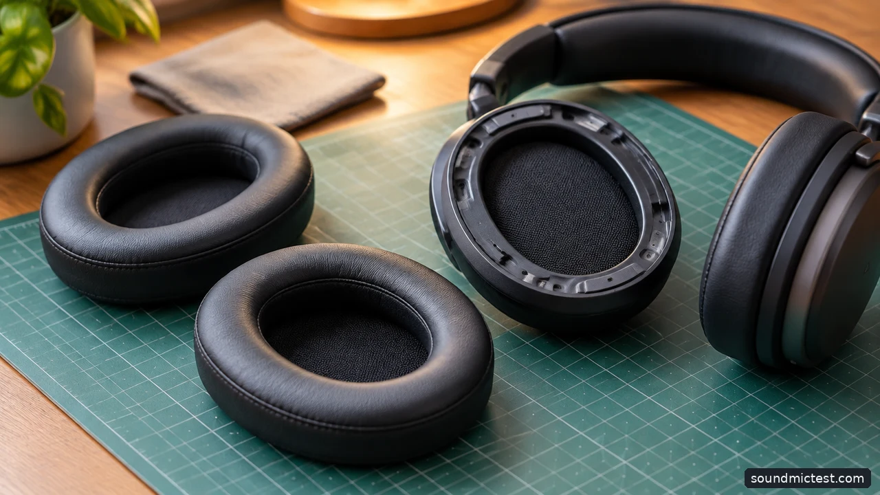 Replacement cushions beside a headphone frame