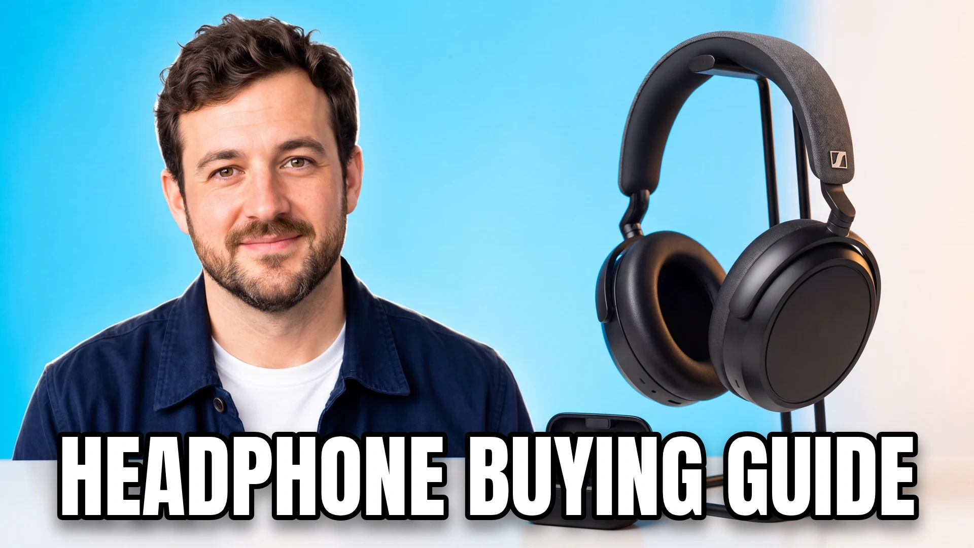 Editorial cover with an audio presenter and equipment, titled "HEADPHONE BUYING GUIDE".