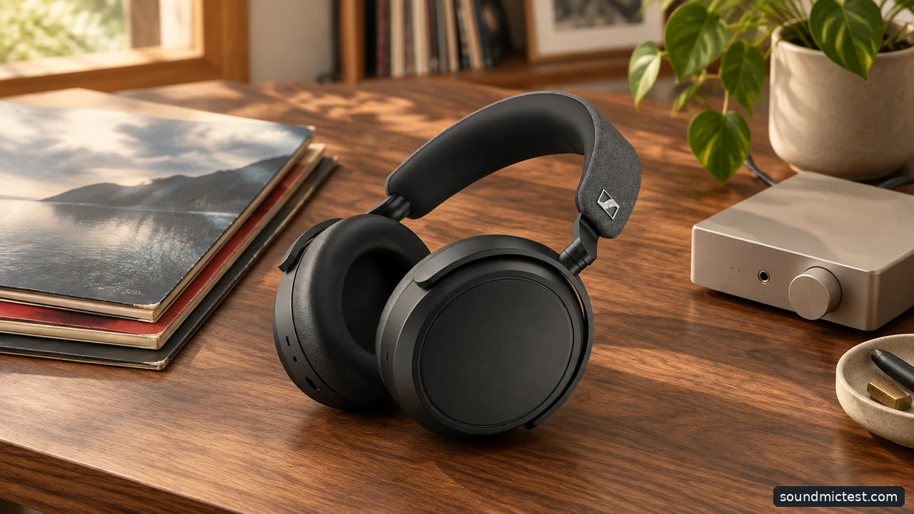 Over-ear headphones on a music listening desk