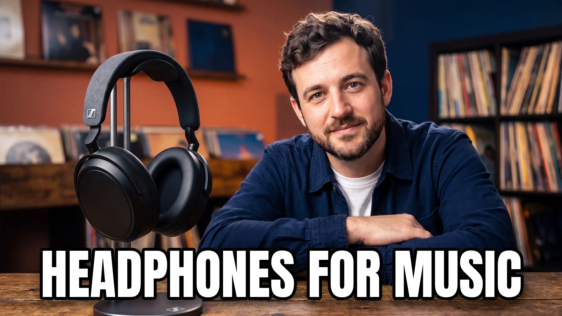 Editorial cover with an audio presenter and equipment, titled "HEADPHONES FOR MUSIC".