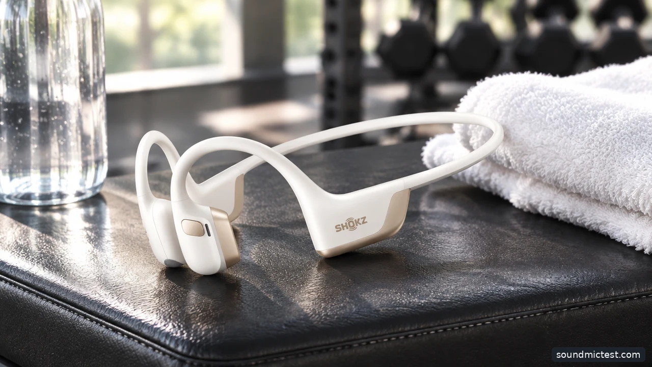 Open-ear sports headset on a gym bench