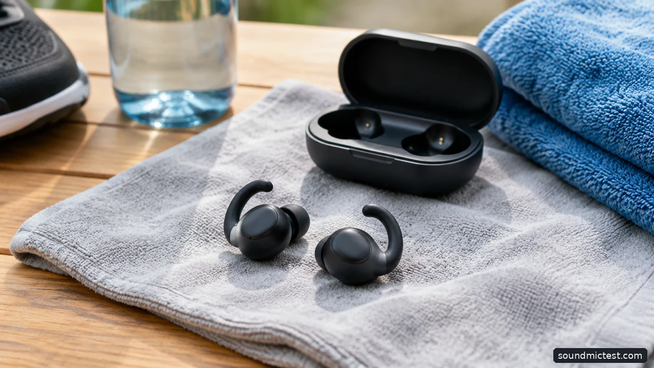 Sports earbuds drying outside their case