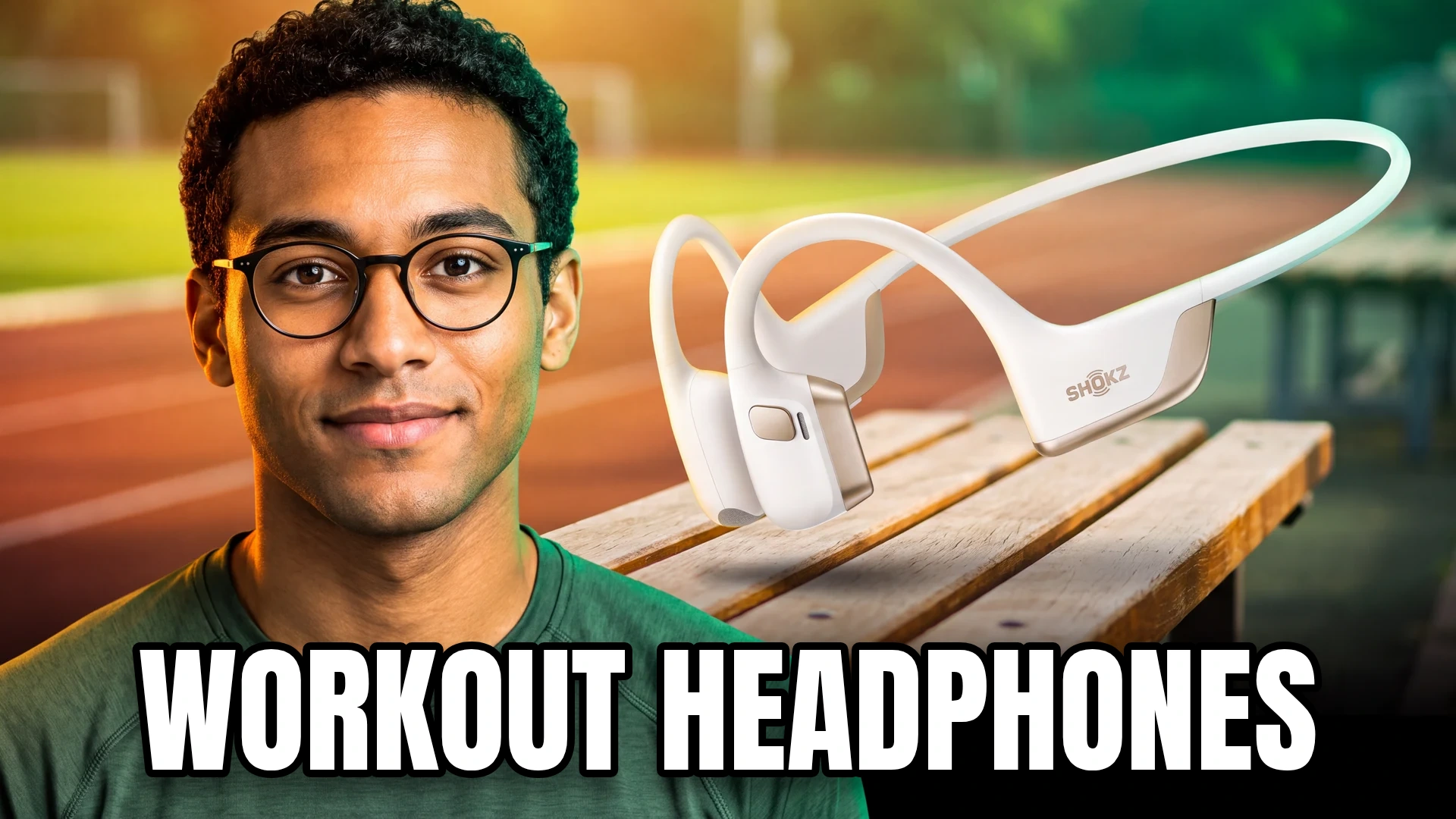 Editorial cover with an audio presenter and equipment, titled "WORKOUT HEADPHONES".