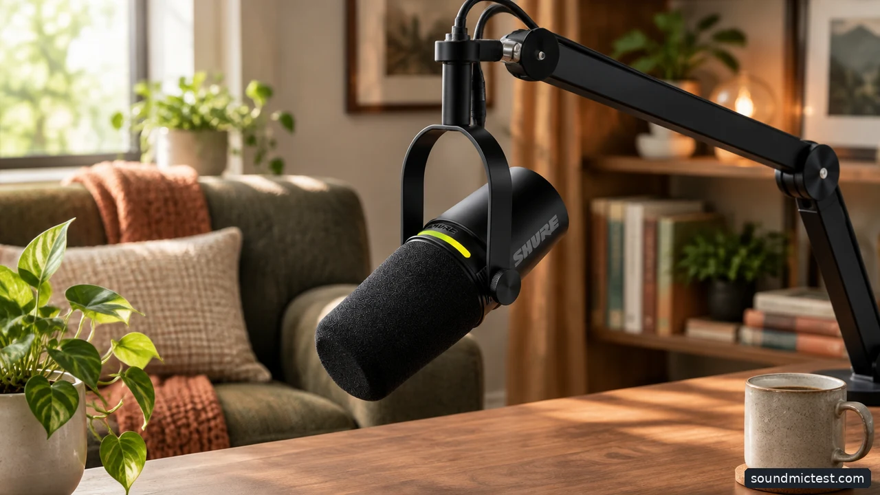 Broadcast microphone on a home recording desk