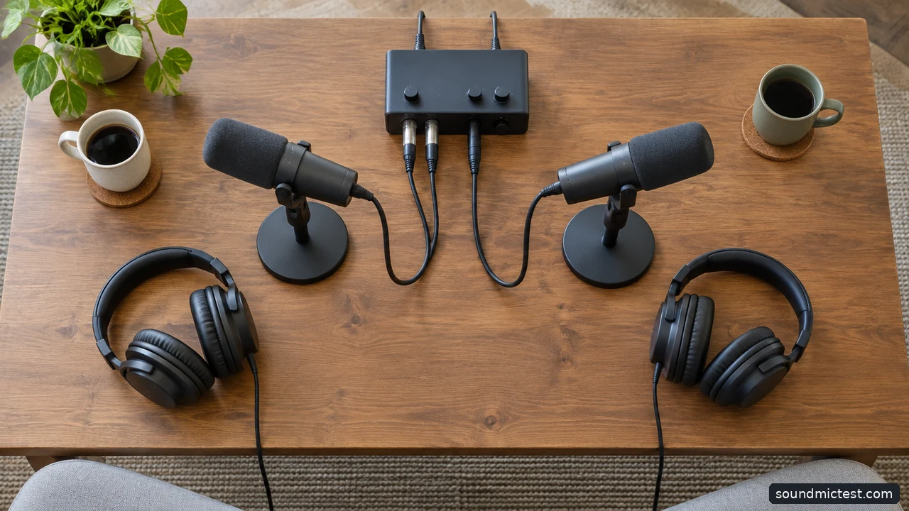 Illustrative two-person podcast desk