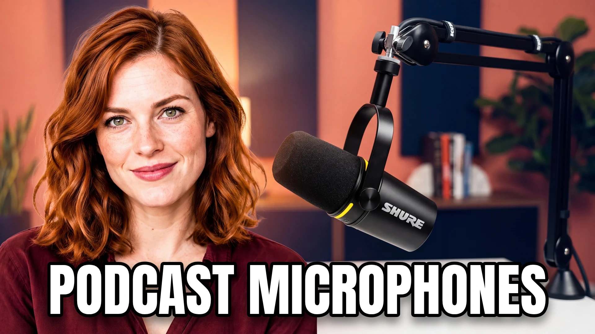 Editorial cover with an audio presenter and equipment, titled "PODCAST MICROPHONES".