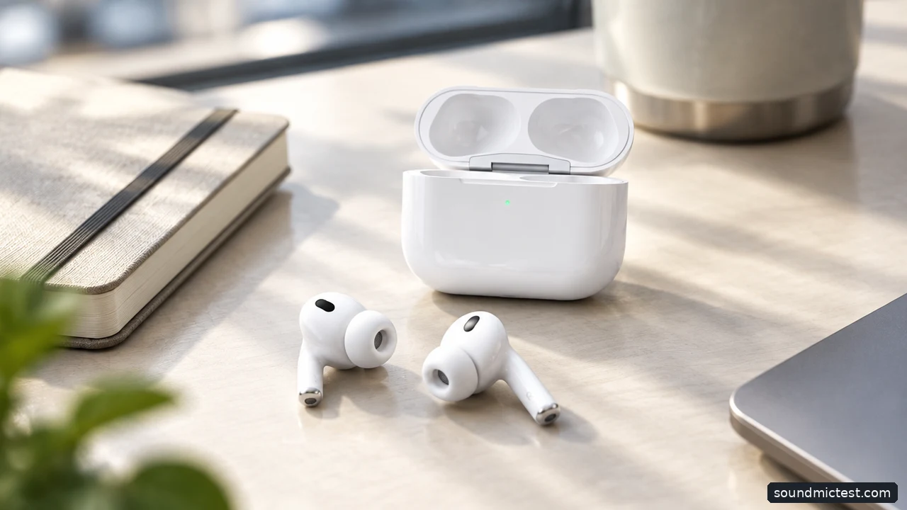White earbuds and case on a commuter desk