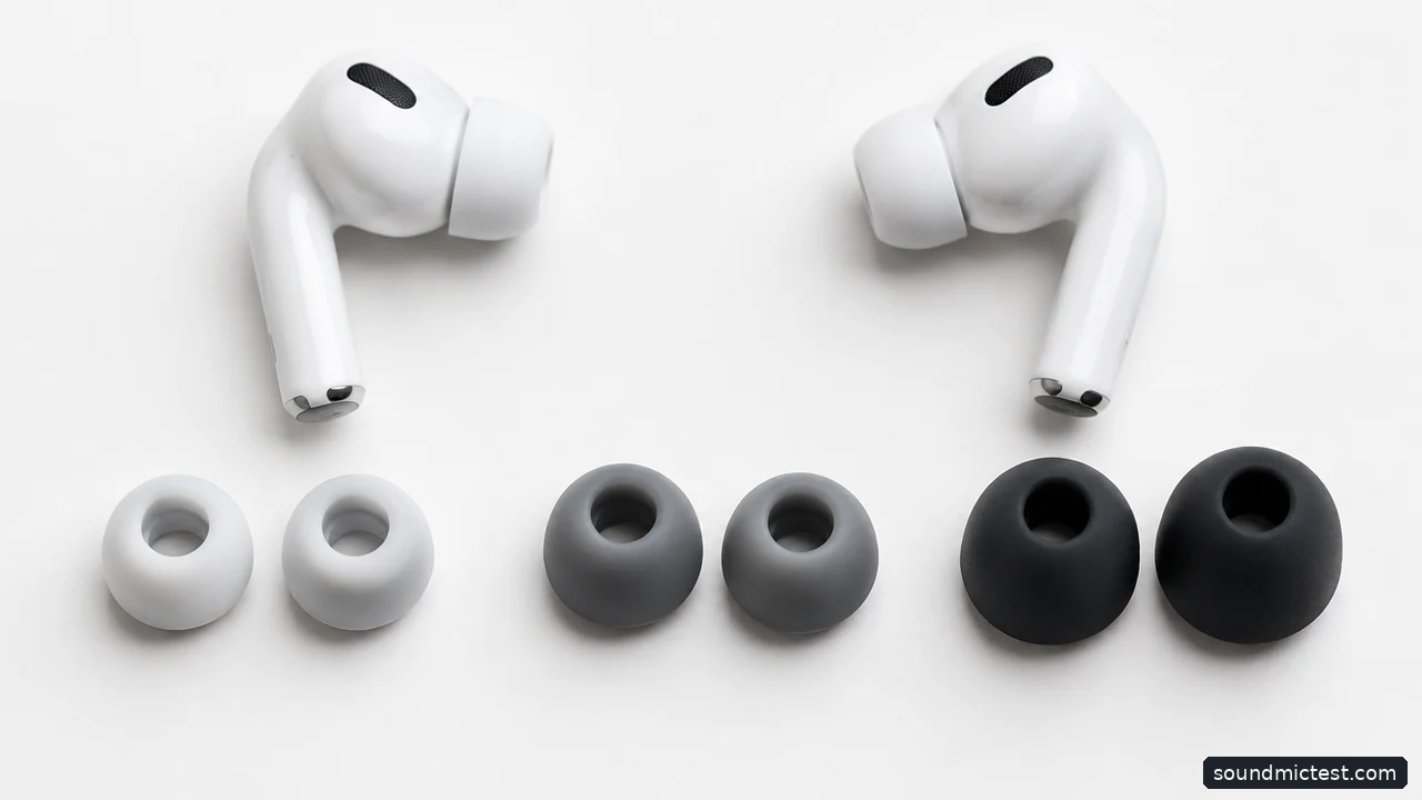 Several sizes of ear tips beside earbuds