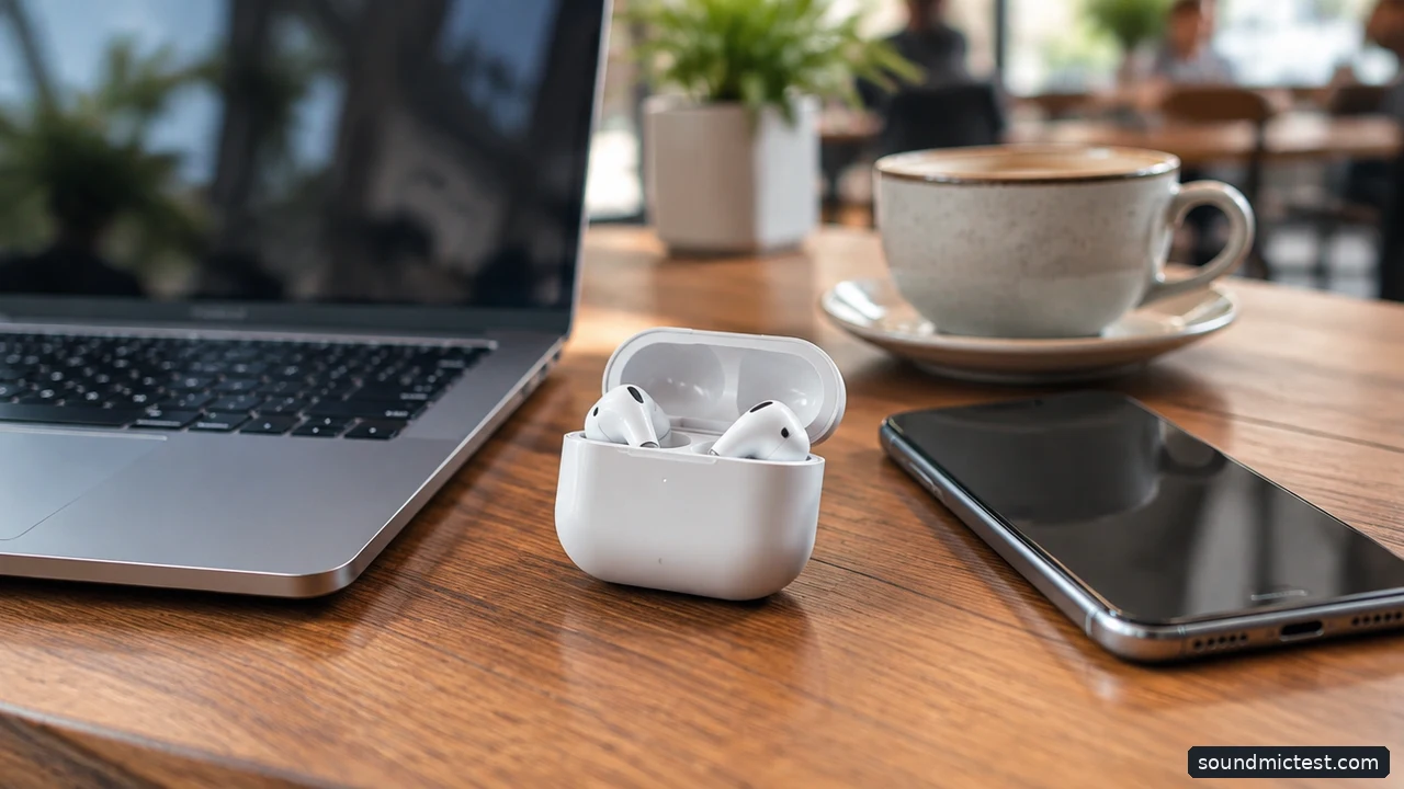 Earbuds beside a laptop and smartphone