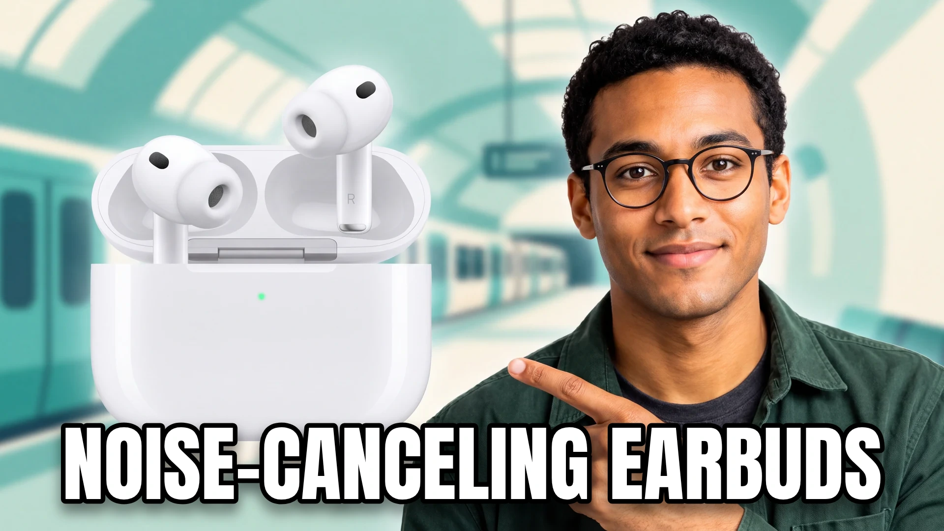 Editorial cover with an audio presenter and equipment, titled "NOISE-CANCELING EARBUDS".