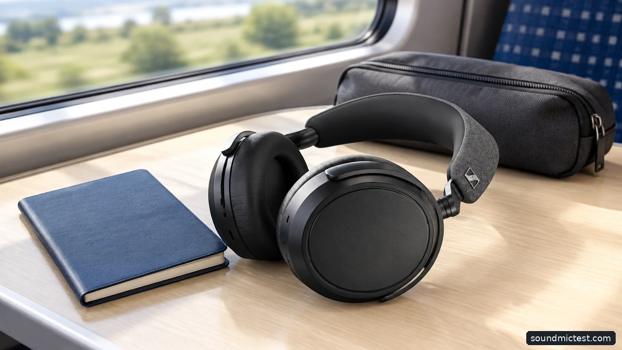 Noise-canceling headphones on a train table