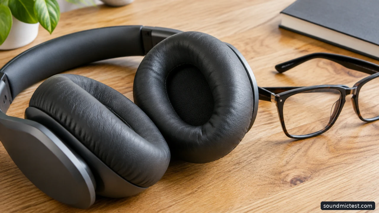 Headphone cushions beside eyeglasses
