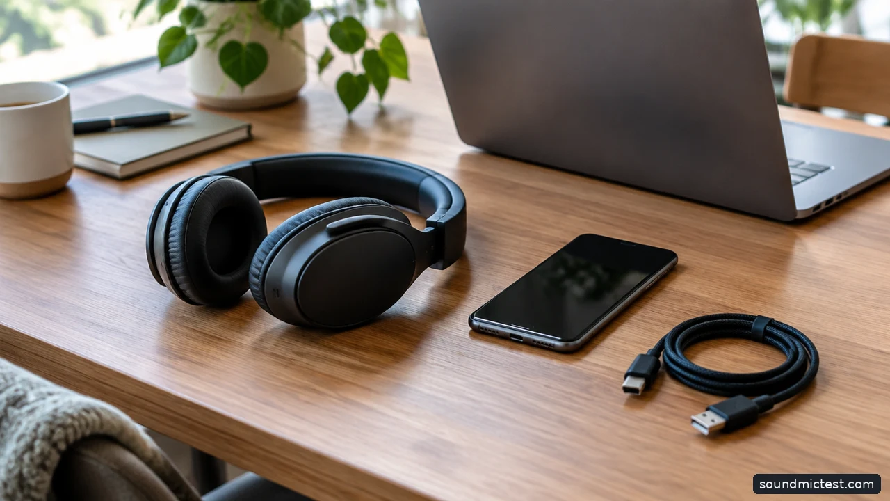 Headphones with a laptop and phone