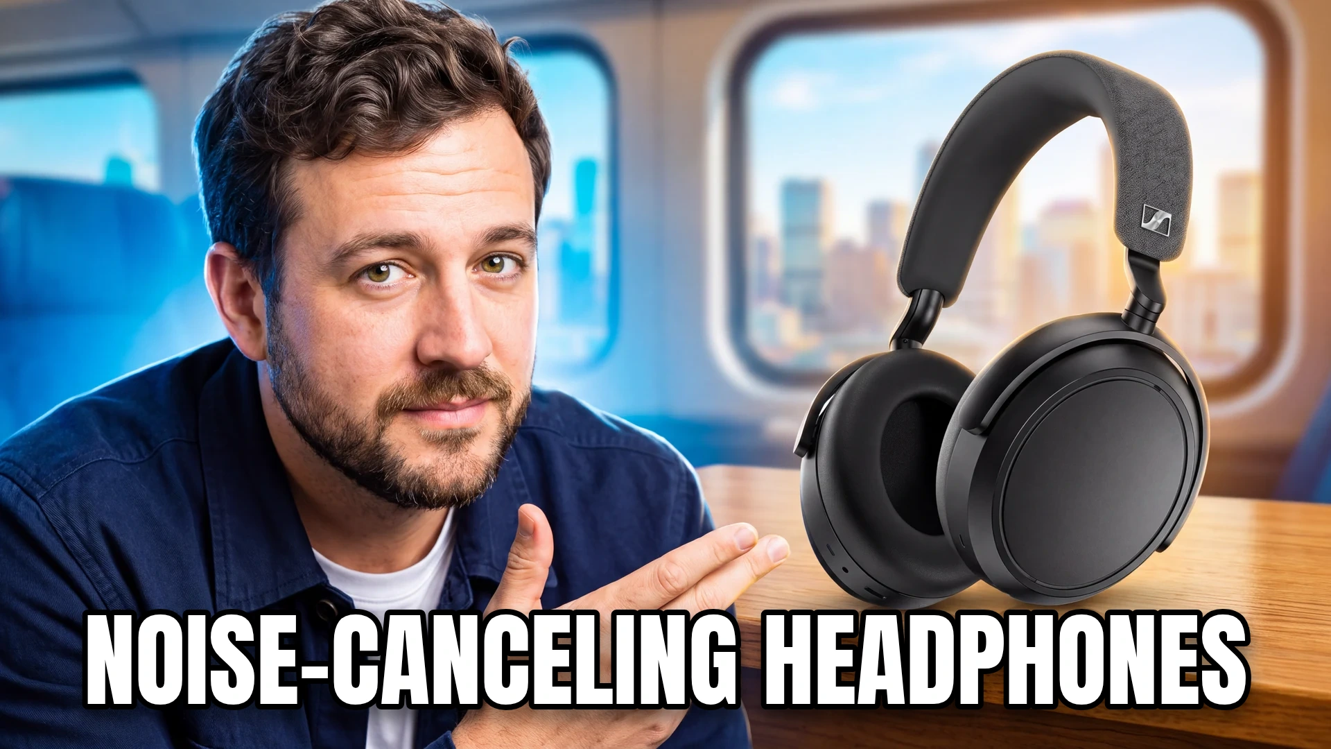 Editorial cover with an audio presenter and equipment, titled "NOISE-CANCELING HEADPHONES".