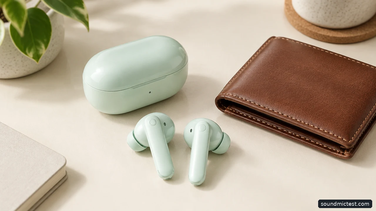 Light green earbuds beside an everyday wallet