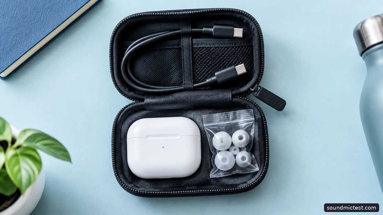 Earbud travel pouch with cable and spare tips