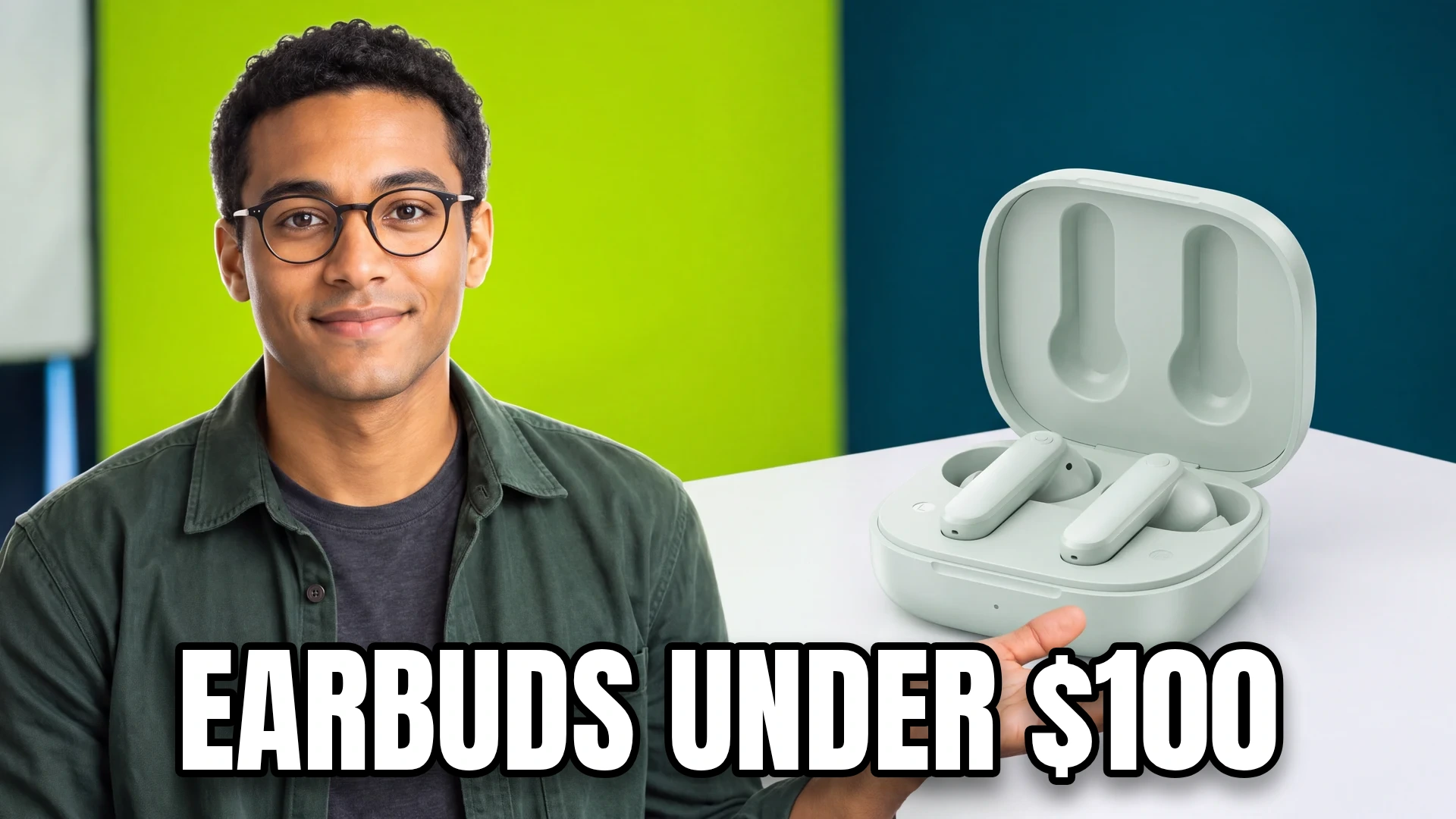 Editorial cover with an audio presenter and equipment, titled "EARBUDS UNDER $100".