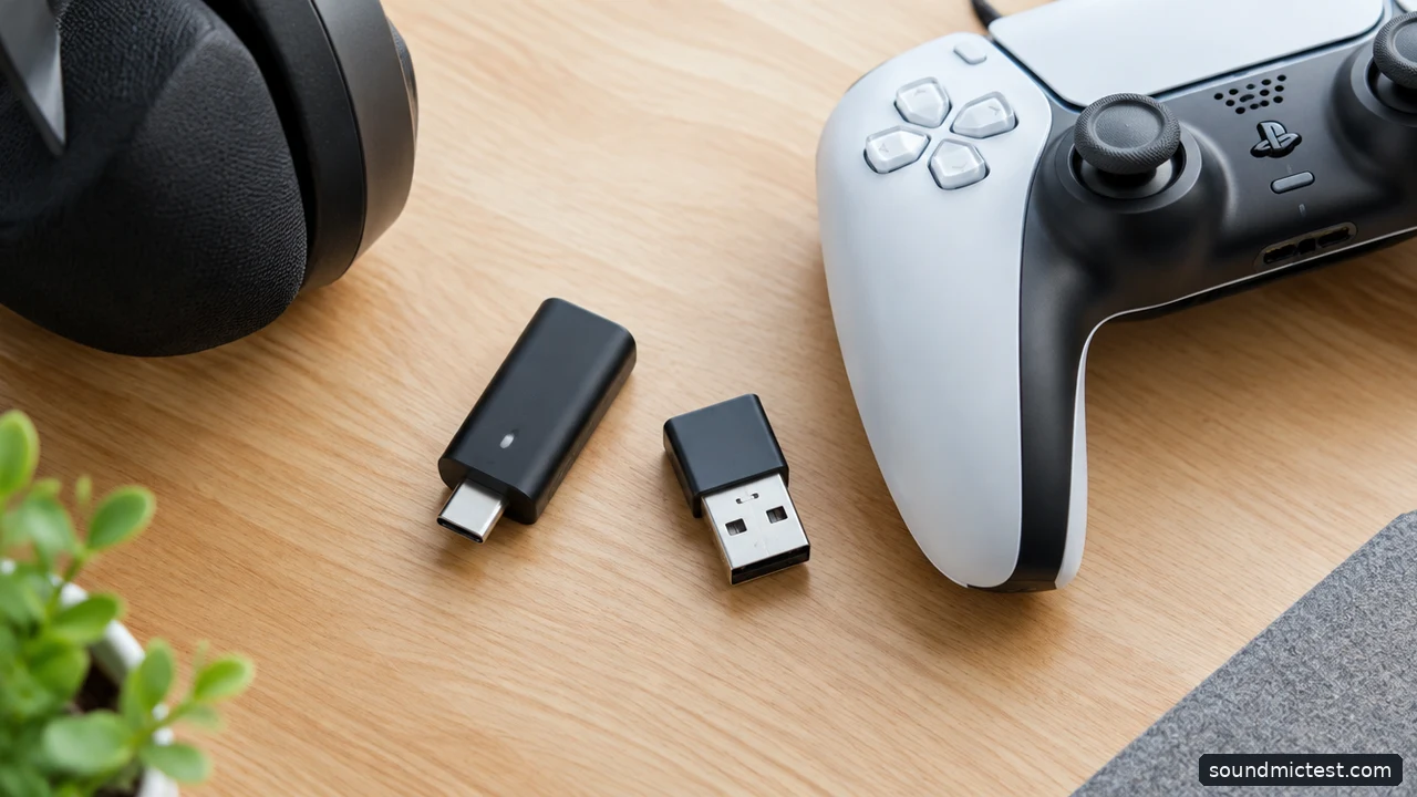 Wireless dongle and USB adapter beside a controller