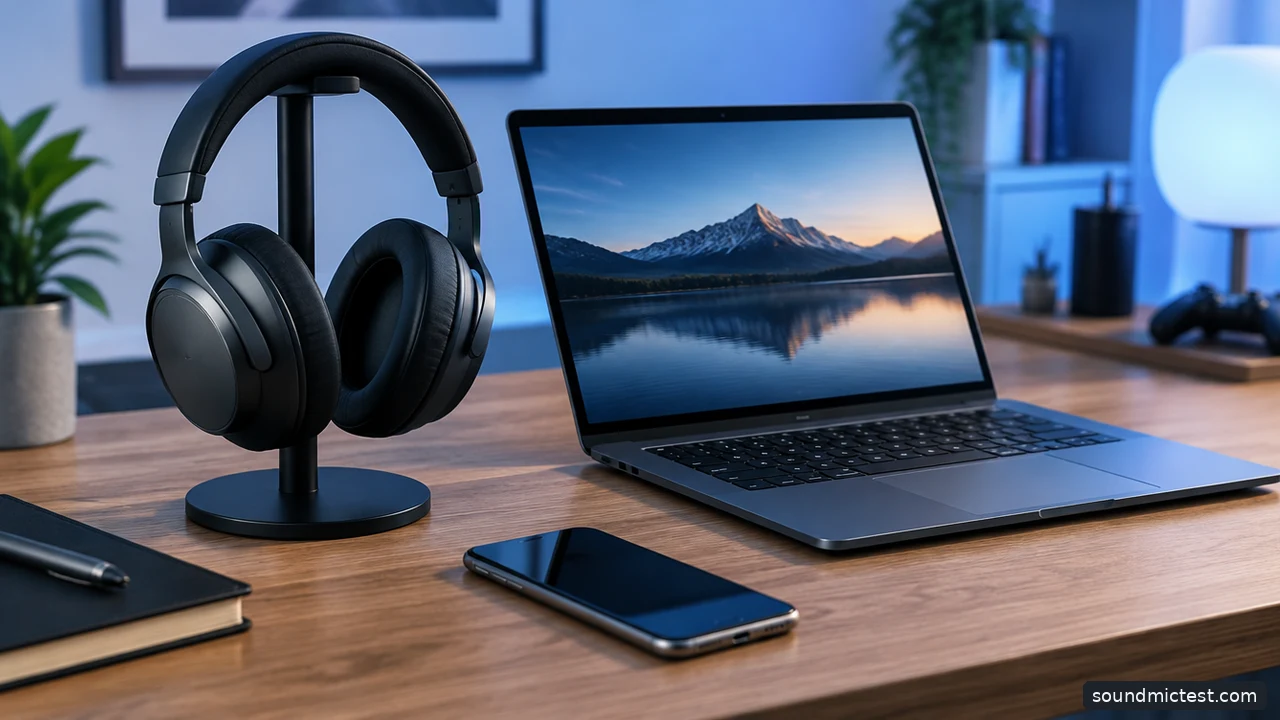 Gaming headset beside two source devices