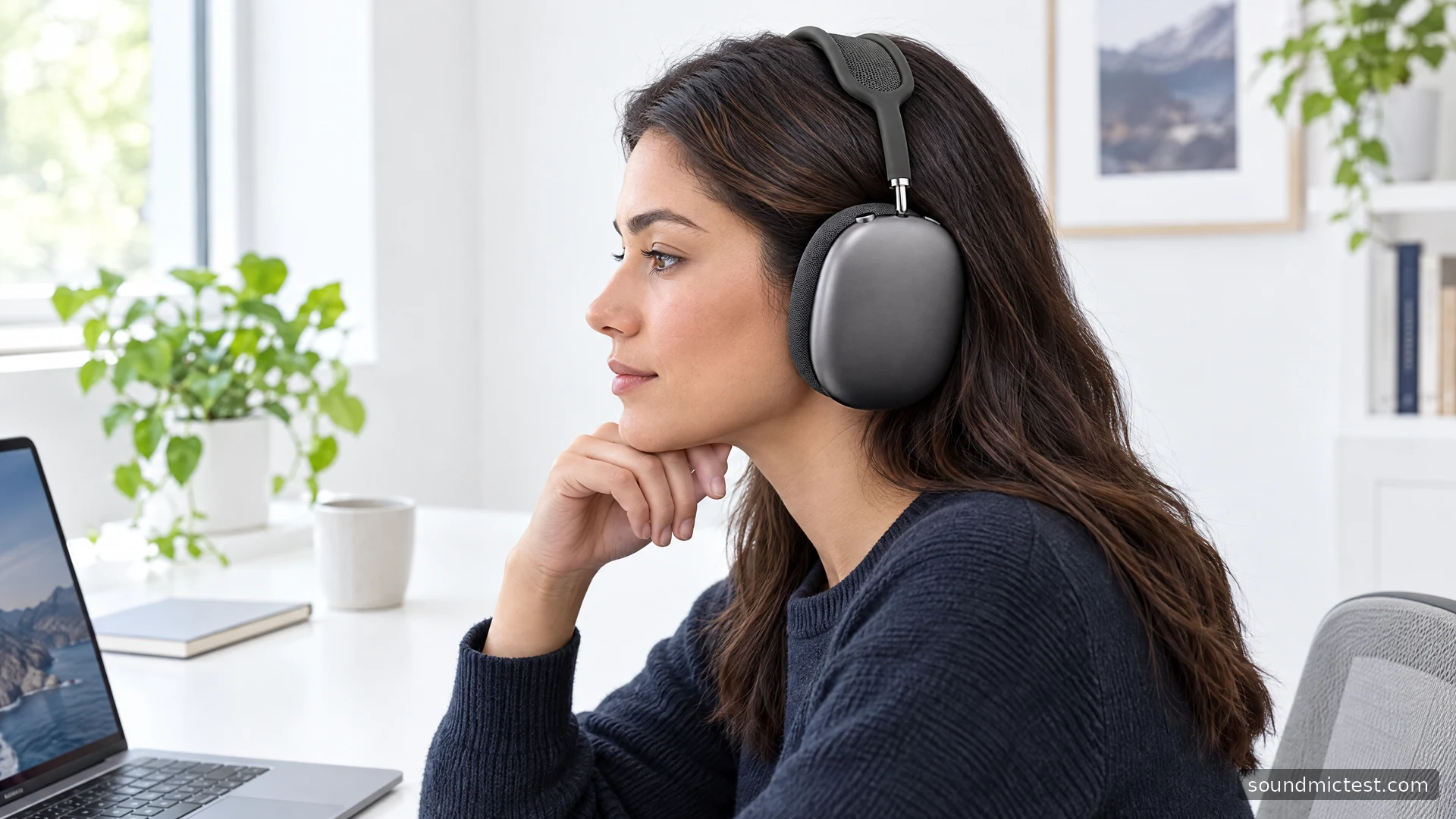 Apple AirPods Max worn while working at a white office desk