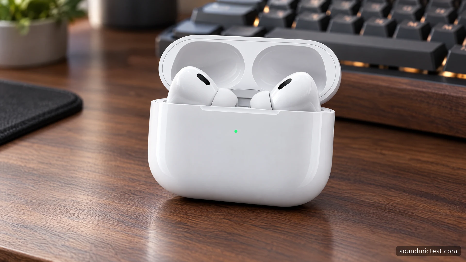 Apple AirPods Pro 2 and charging case on a wooden gaming desk