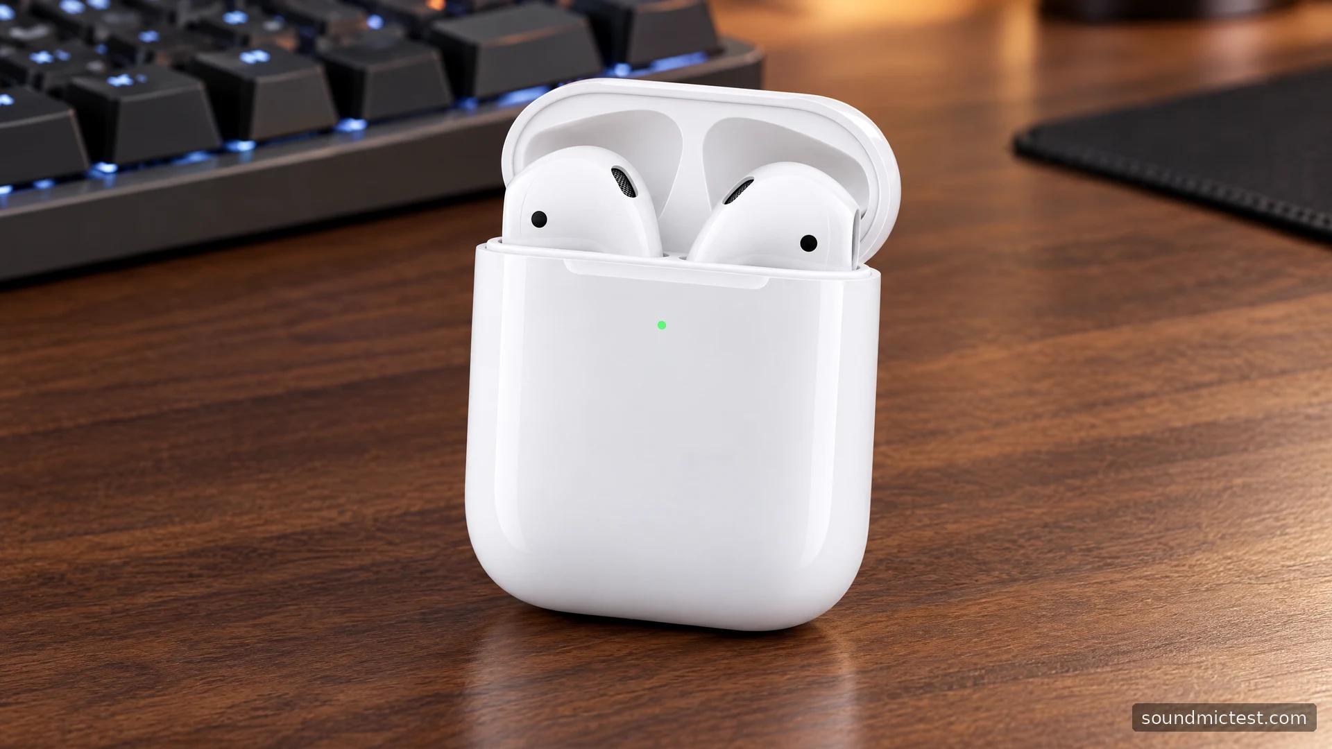 Apple AirPods 2 and their charging case on a wooden gaming desk