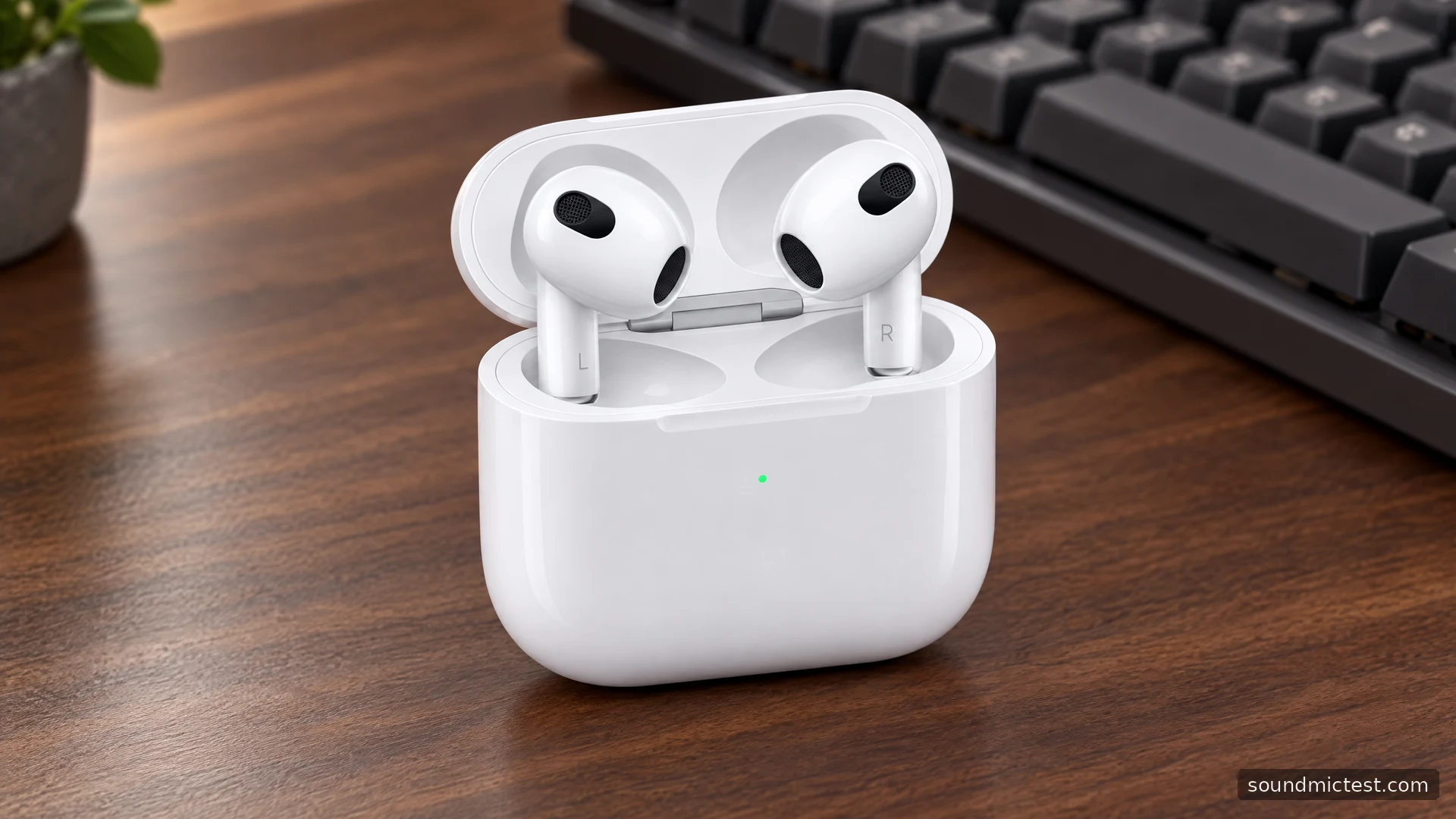 Apple AirPods 3 and charging case on a wooden desk beside a keyboard