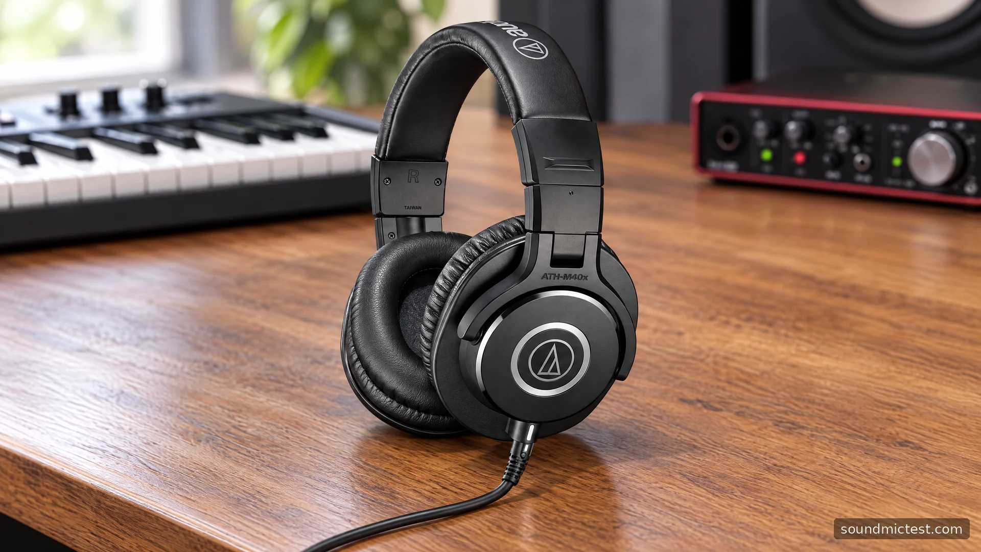 Black Audio-Technica ATH-M40x on a music-production desk