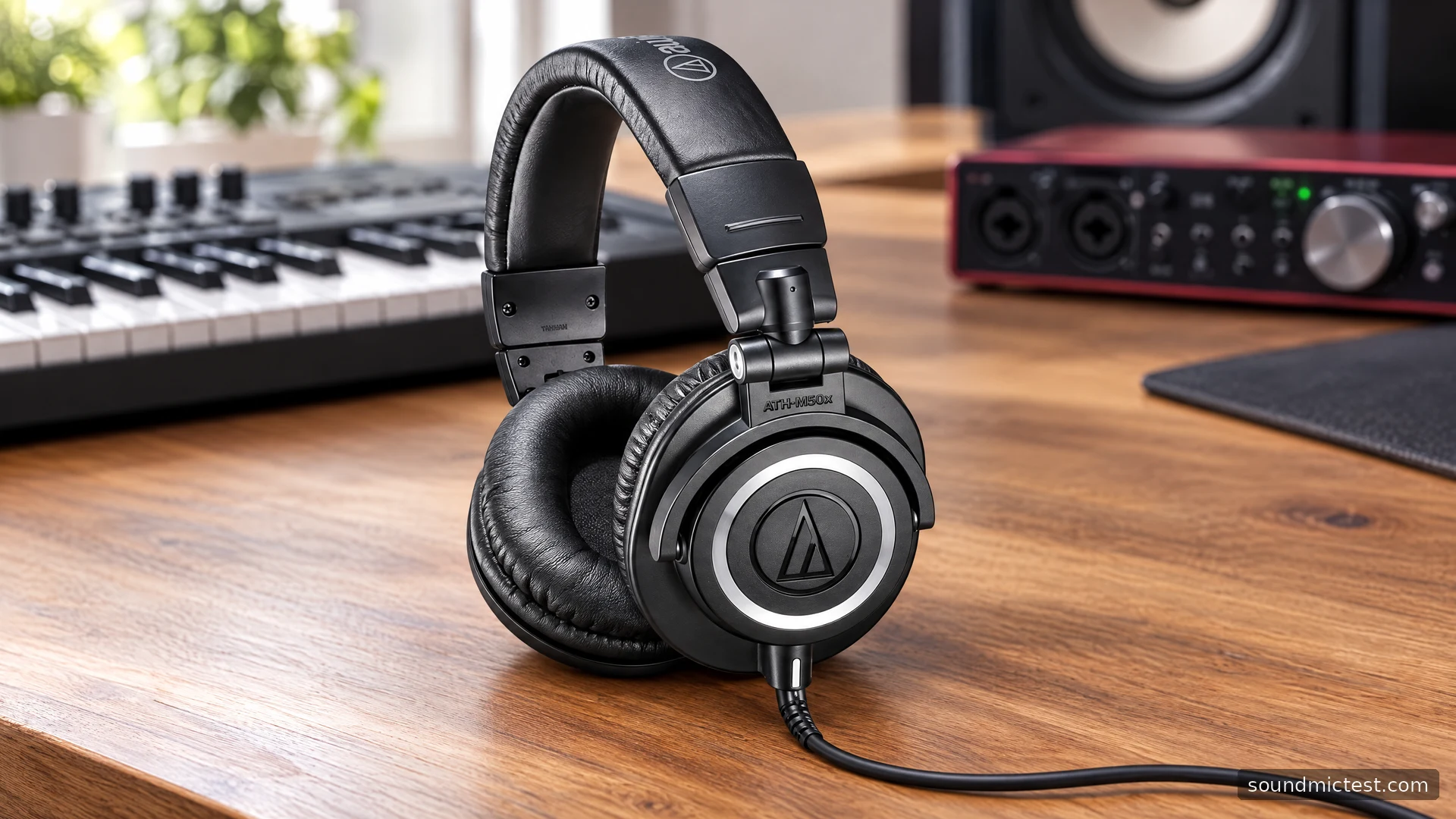 Black Audio-Technica ATH-M50x on a music-production desk