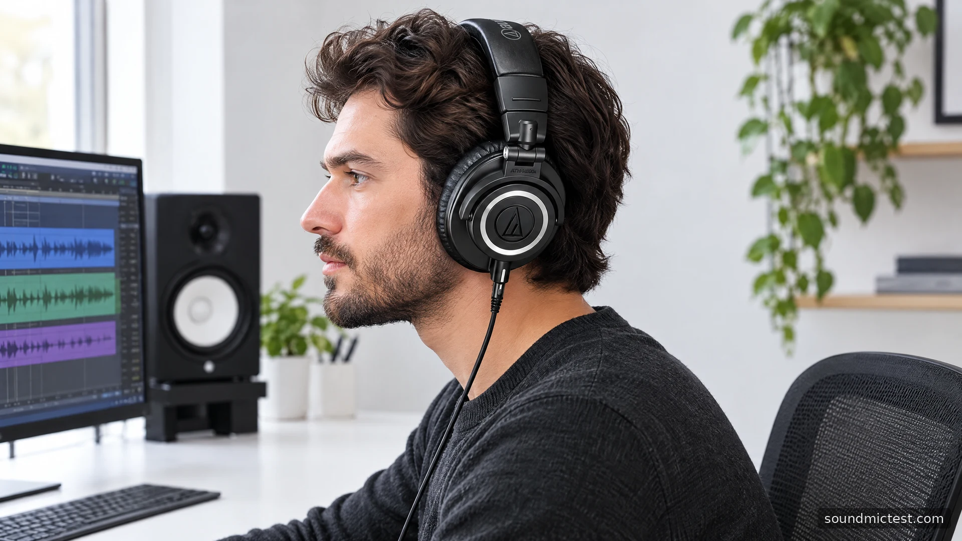 Black Audio-Technica ATH-M50x worn at a bright white desk