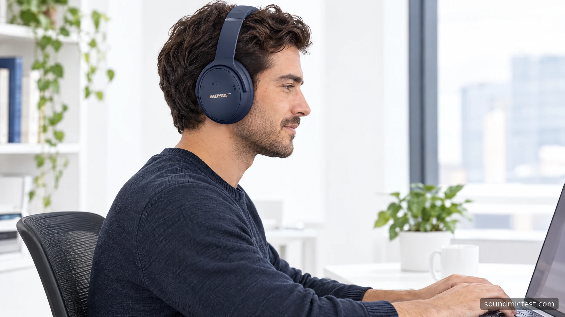 Bose QuietComfort 45 worn at a bright white office desk