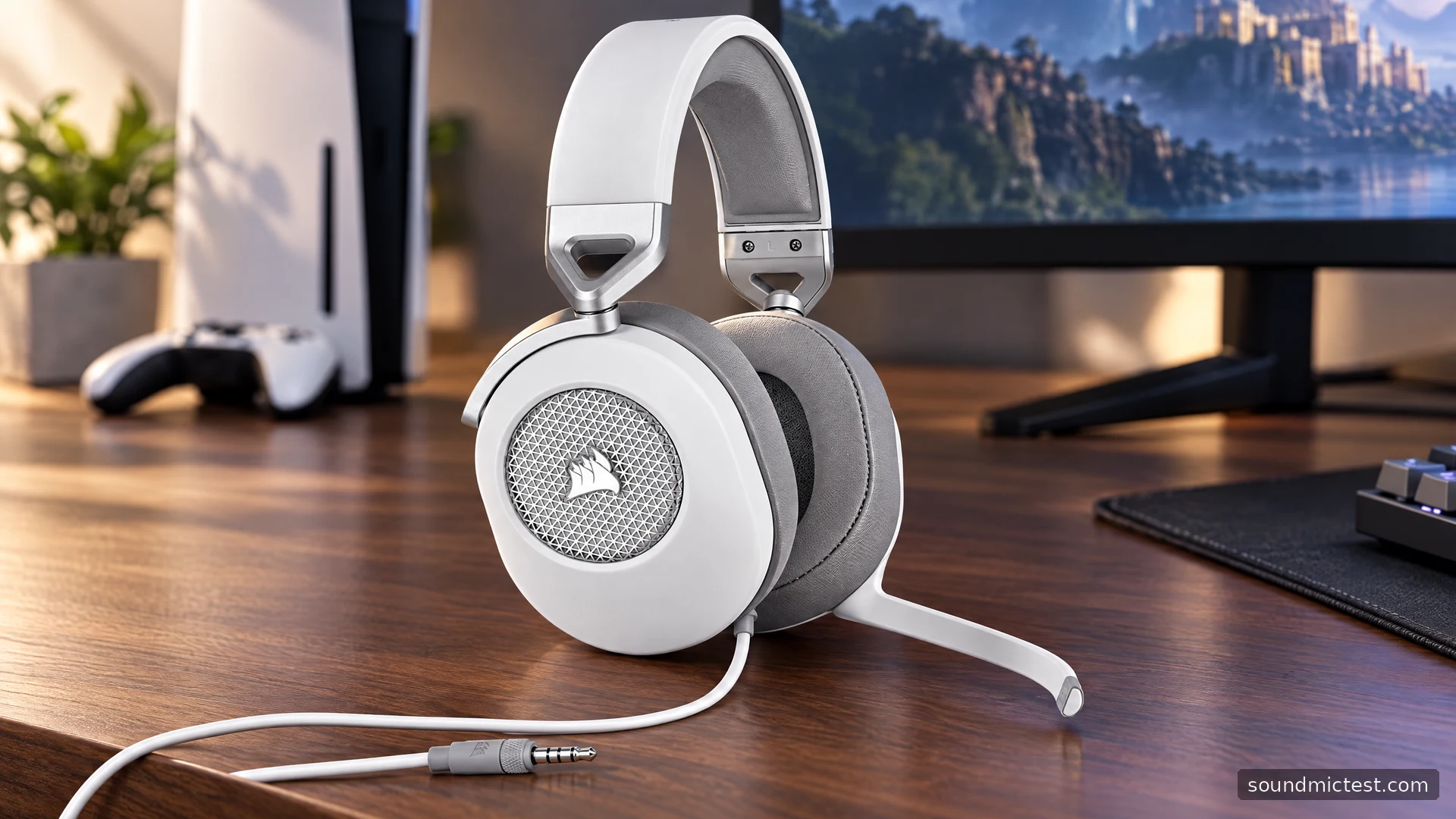 Corsair HS65 Surround on a walnut gaming desk