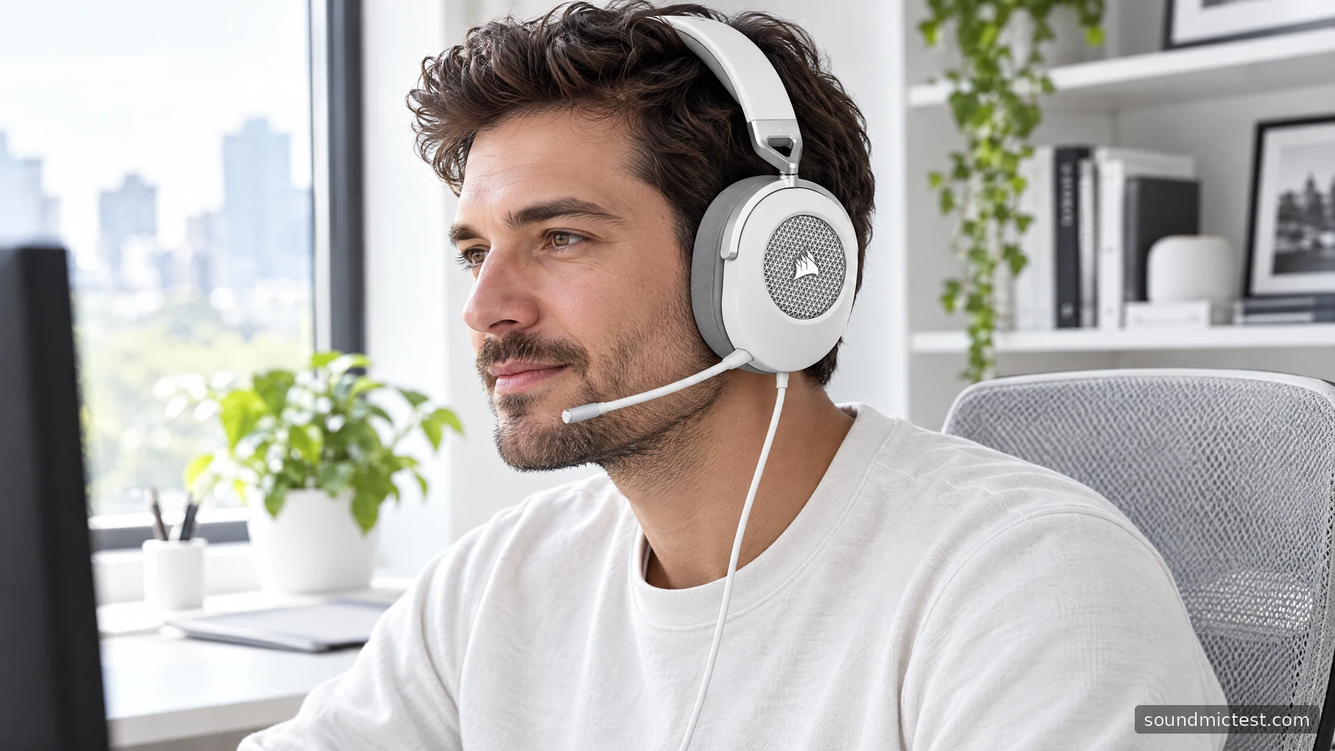 Corsair HS65 Surround worn at a white office desk