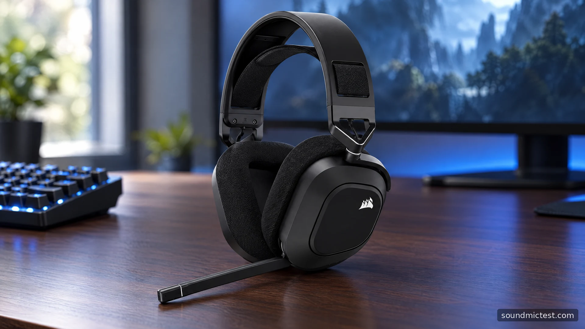 Corsair HS80 RGB Wireless headset with its boom microphone on a walnut gaming desk