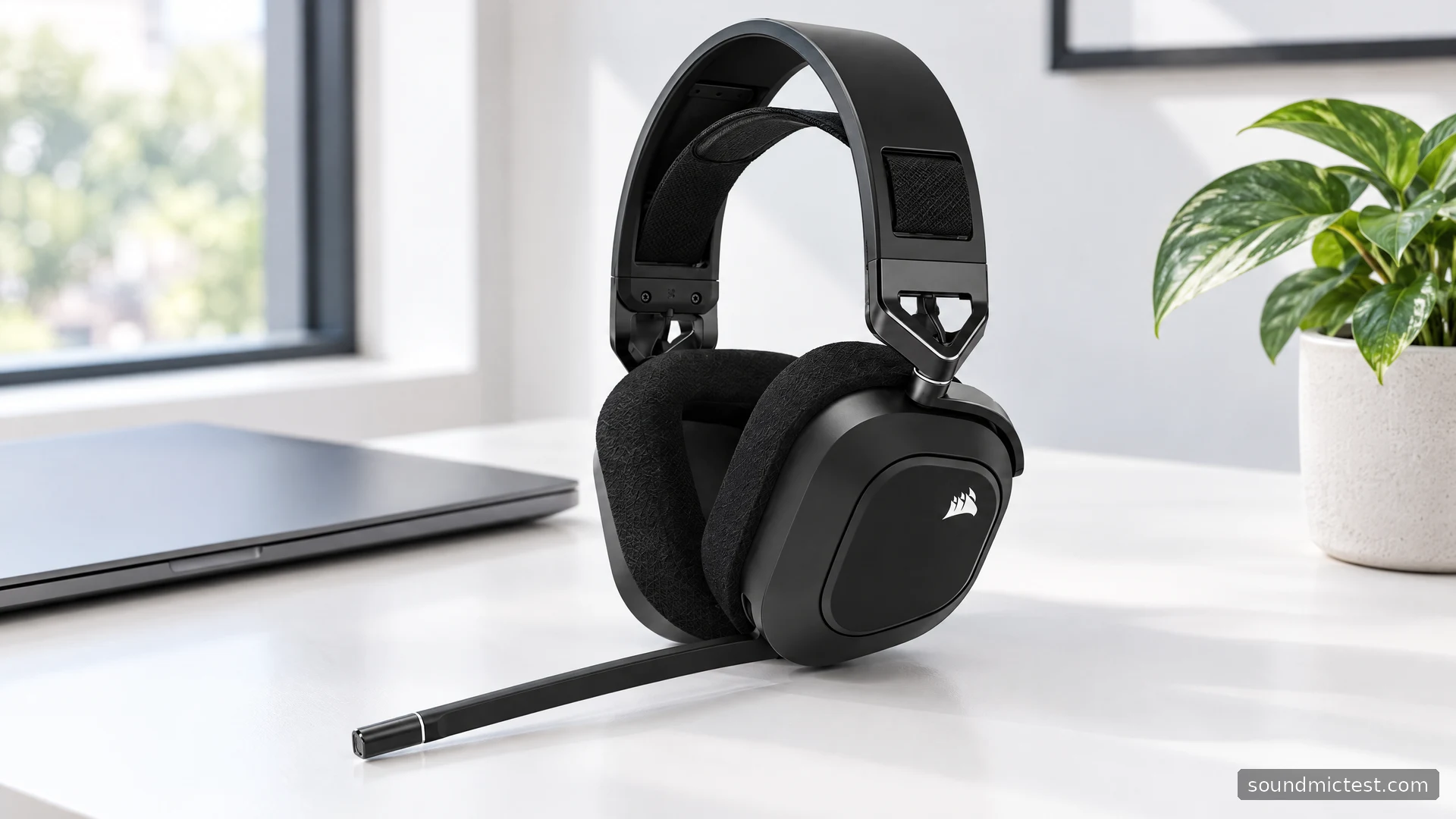 Corsair HS80 RGB Wireless suspension headband and boom microphone on a white office desk
