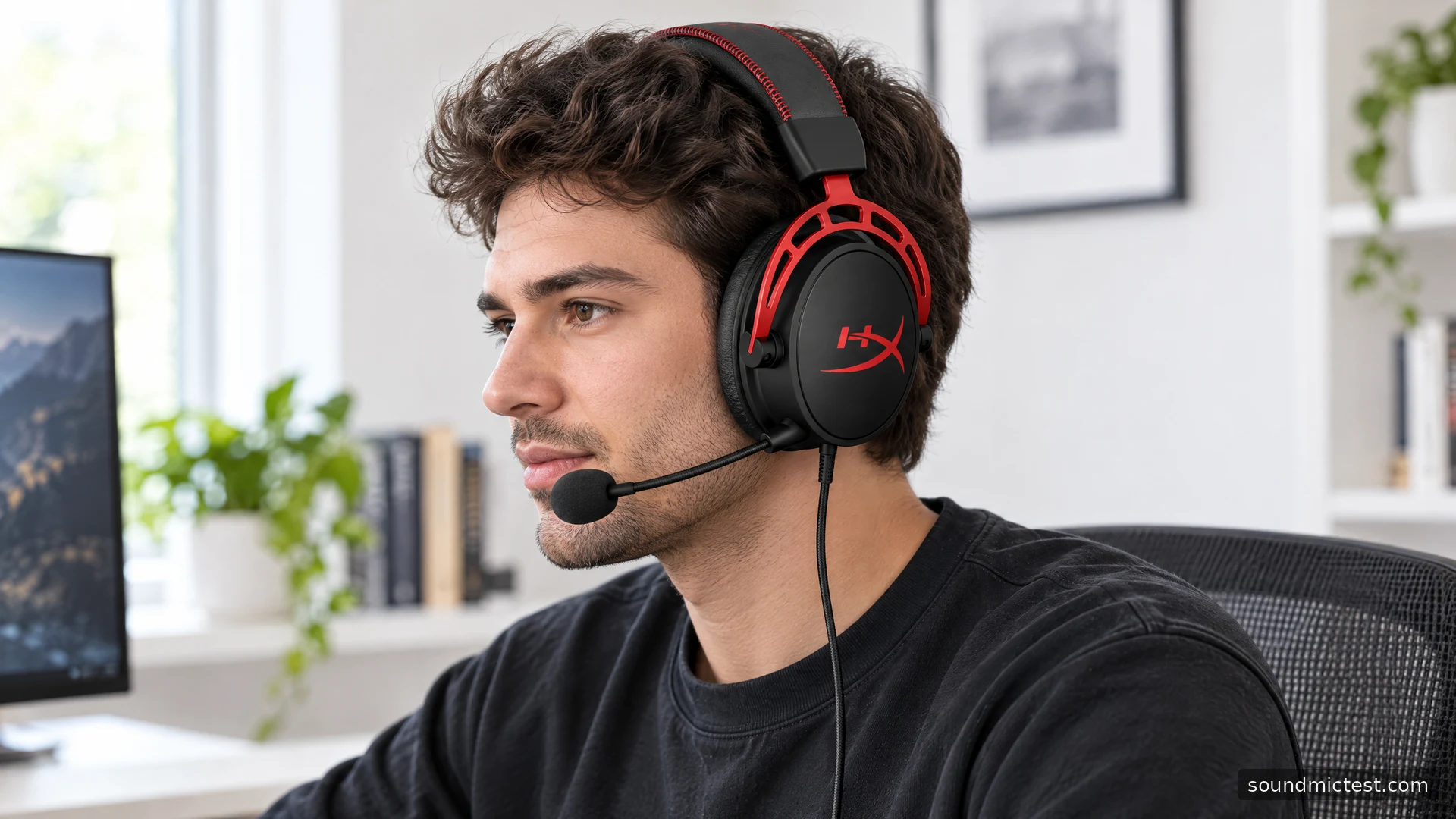 HyperX Cloud Alpha Wired worn at a bright office desk