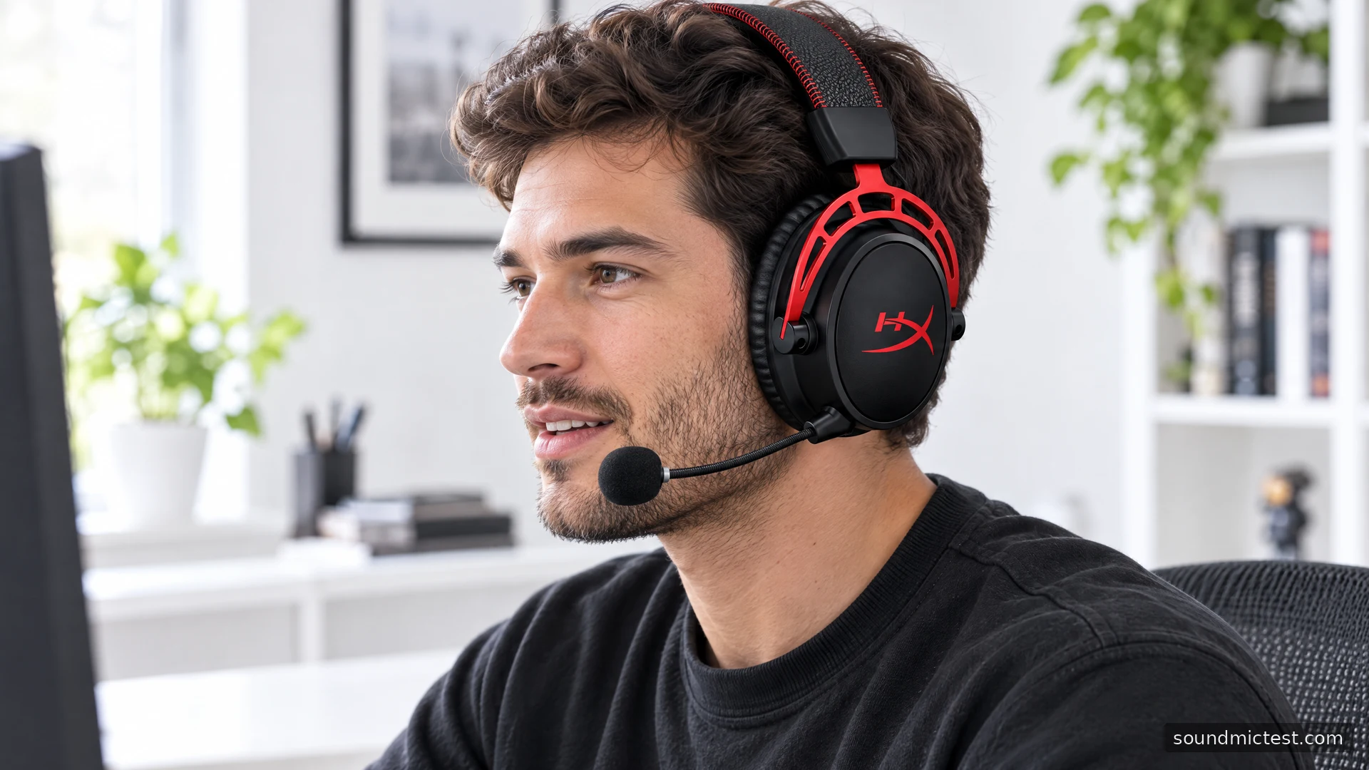 HyperX Cloud Alpha Wireless worn at a bright office desk