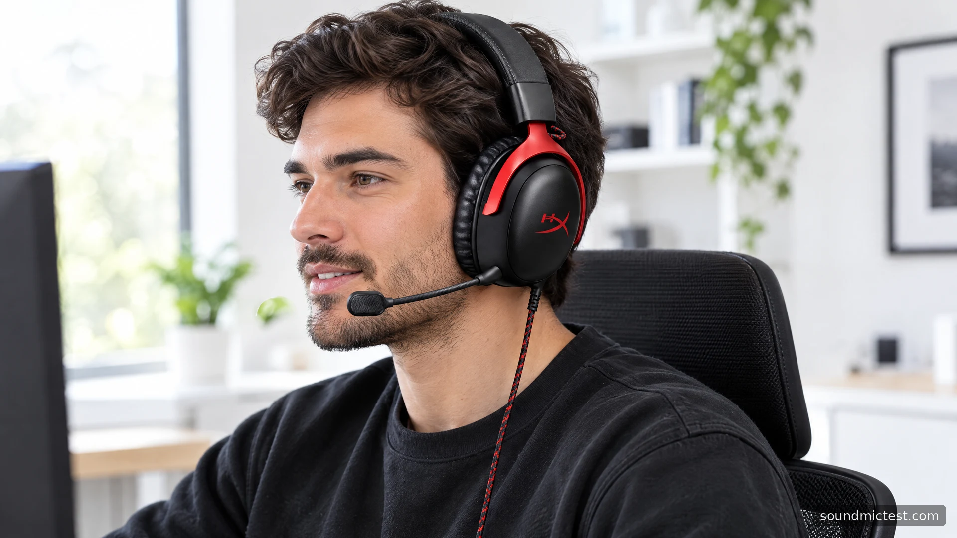 HyperX Cloud III Wired worn at a bright office desk