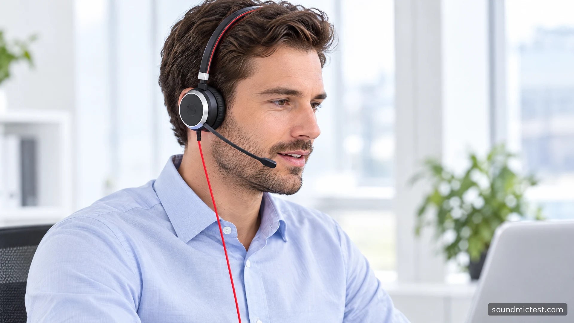 Jabra Evolve 40 worn in a bright home office