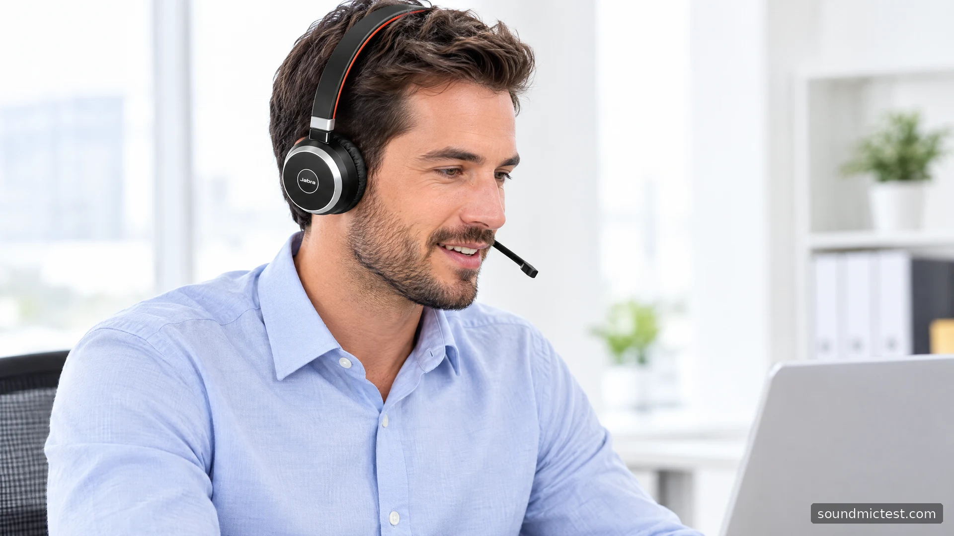Jabra Evolve 65 worn in a bright home office