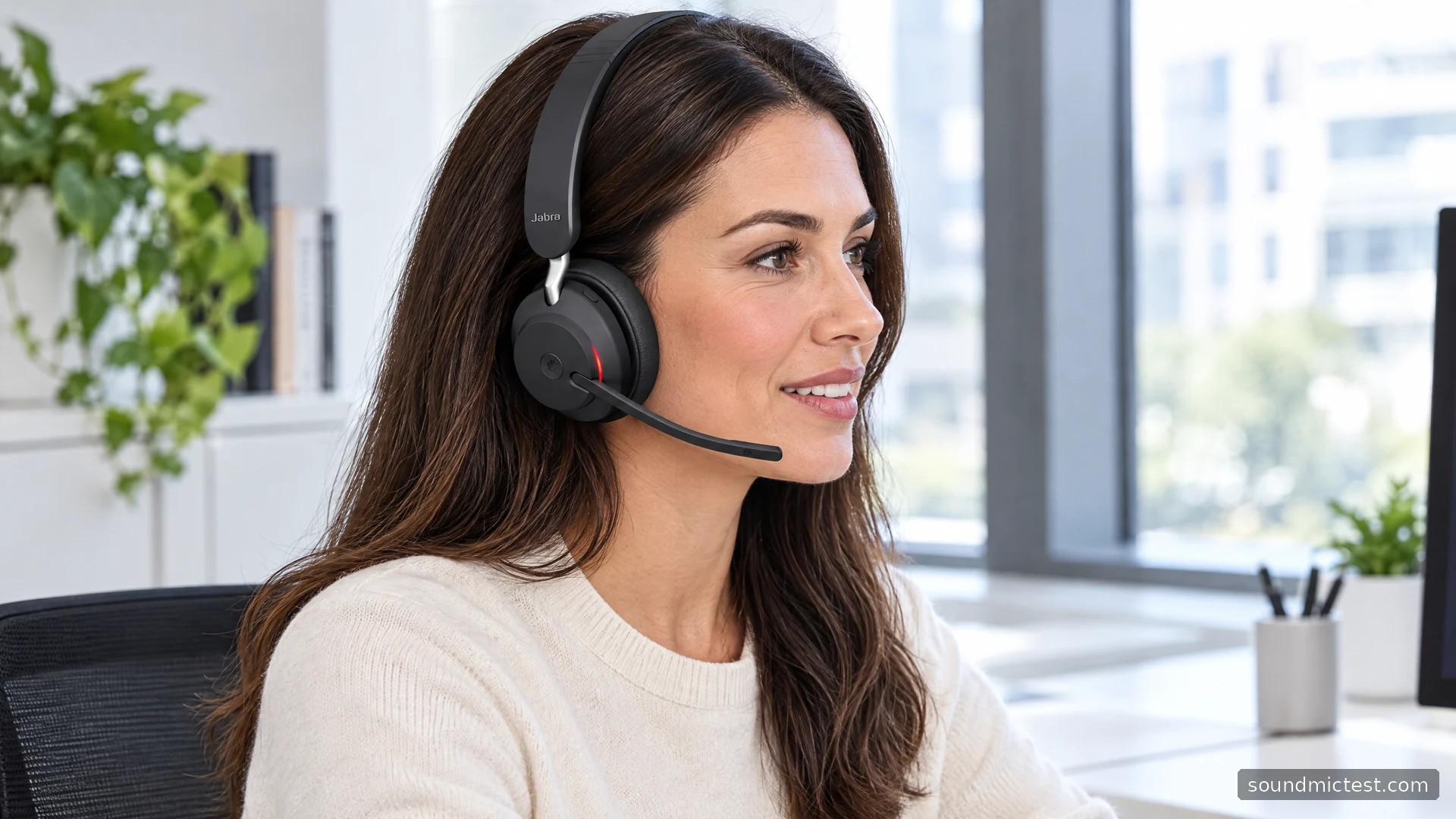 Jabra Evolve2 65 worn in a bright home office