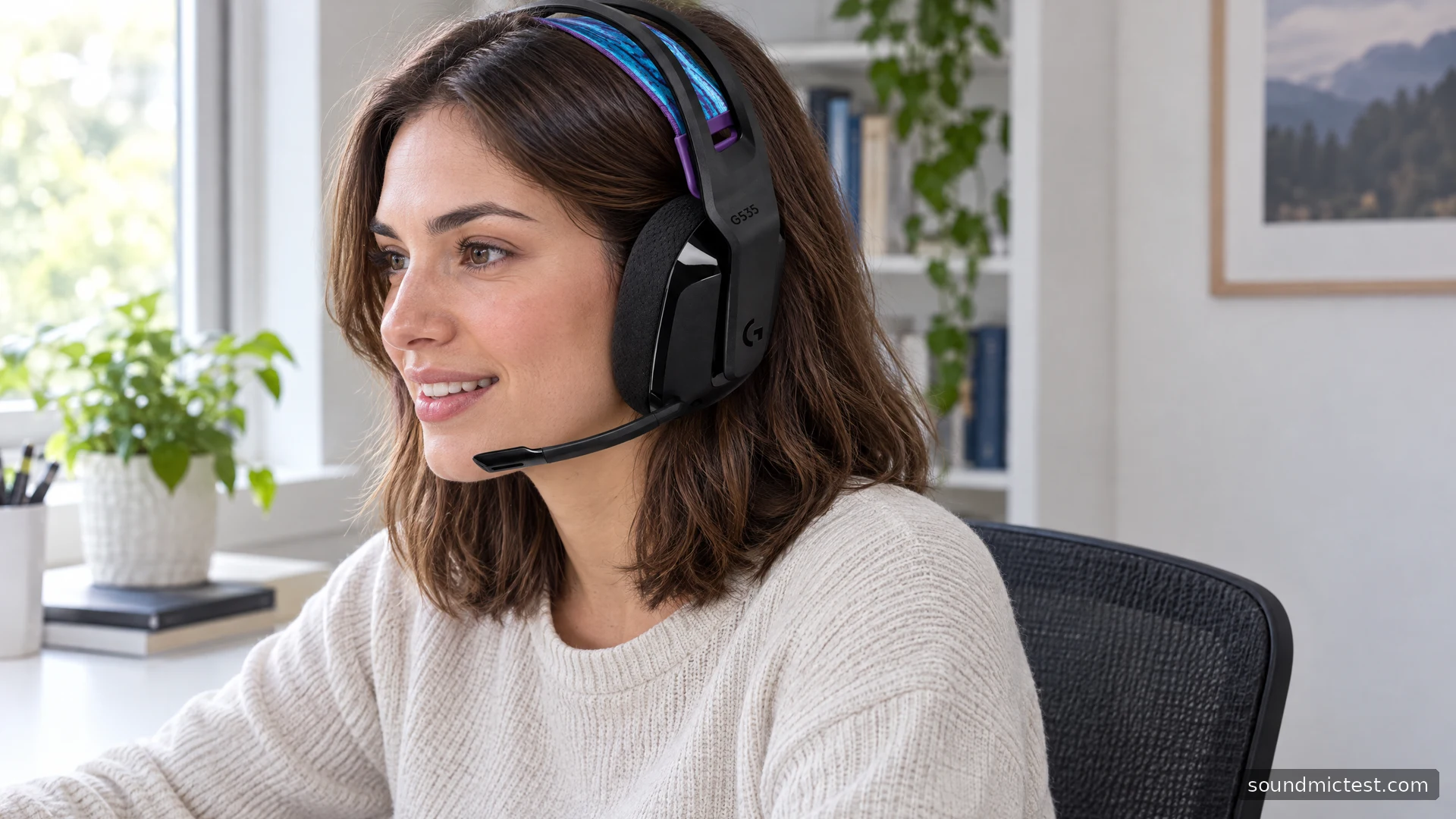 Logitech G535 worn at a bright office desk