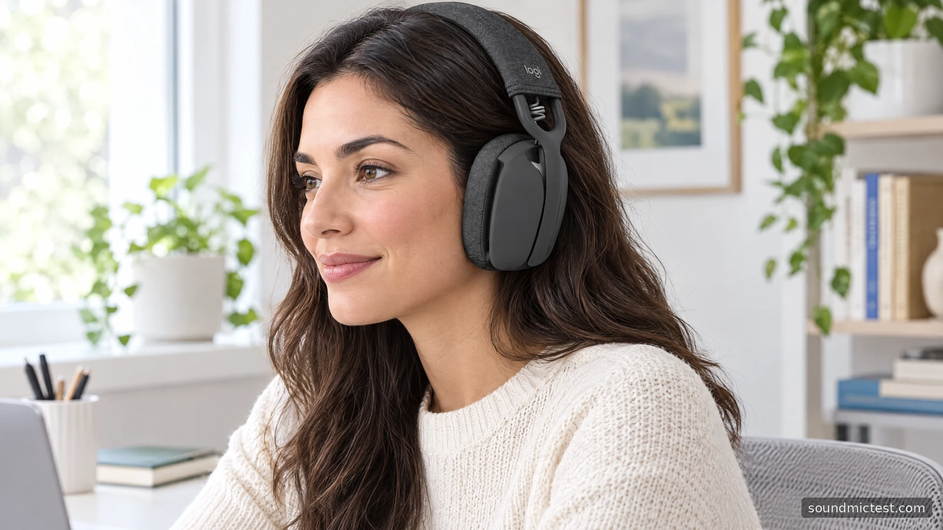 Logitech Zone Vibe 100 worn in a bright home office