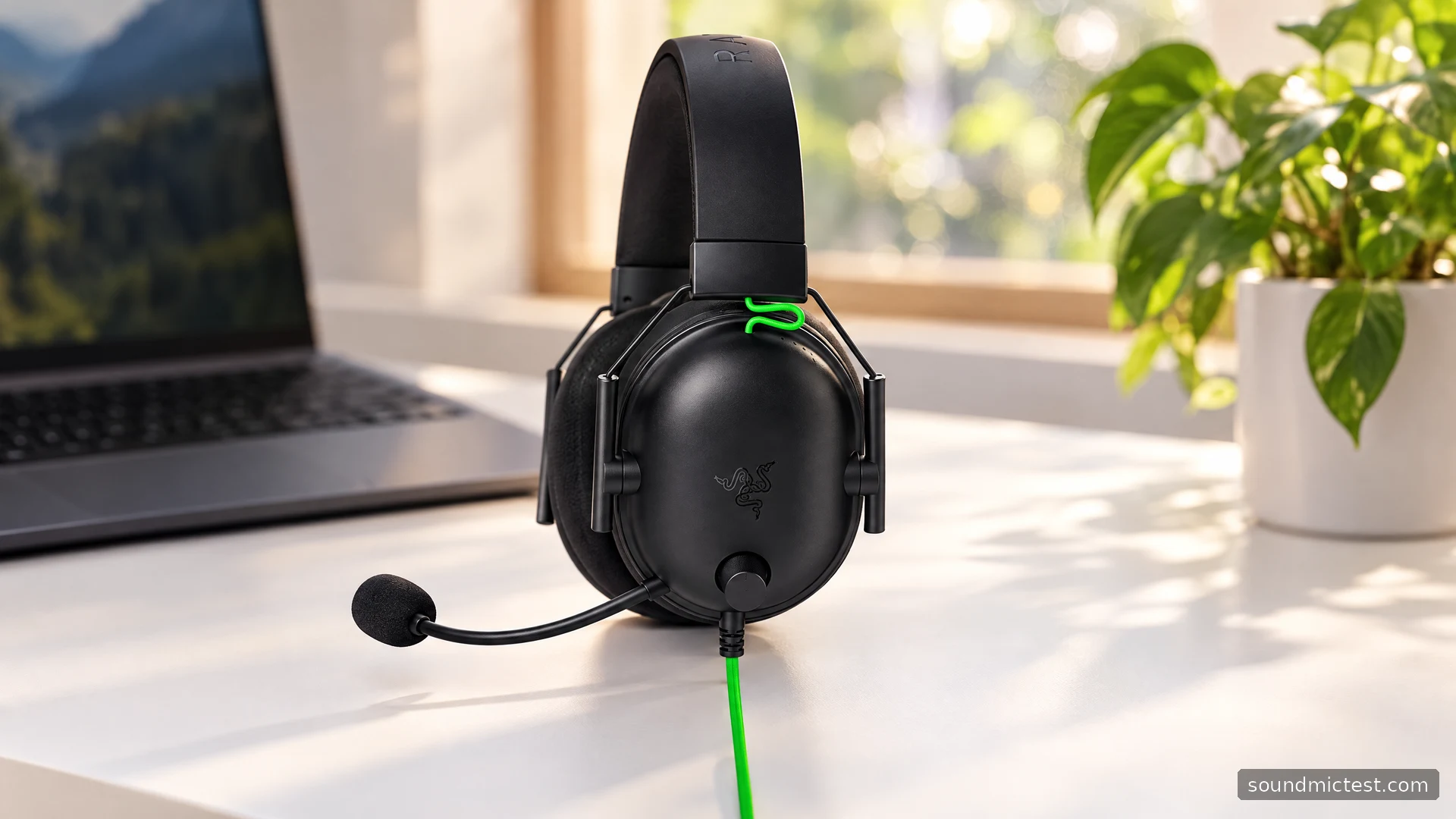 Razer BlackShark V2 X on a bright white desk