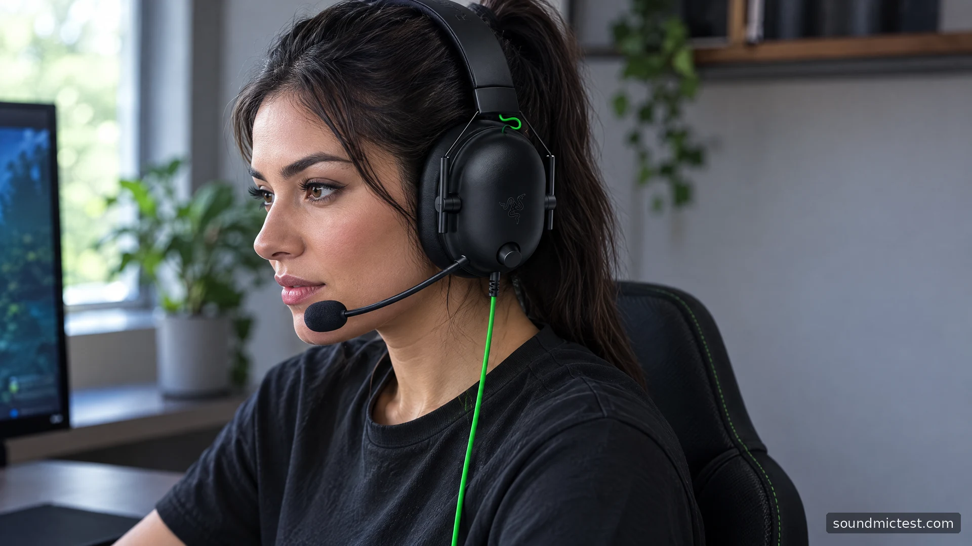 Razer BlackShark V2 X worn at a gaming desk