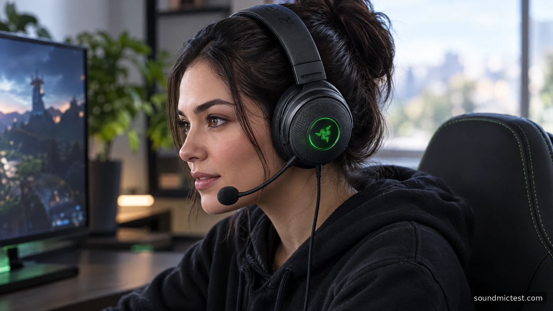 Razer Kraken V3 worn at a gaming desk