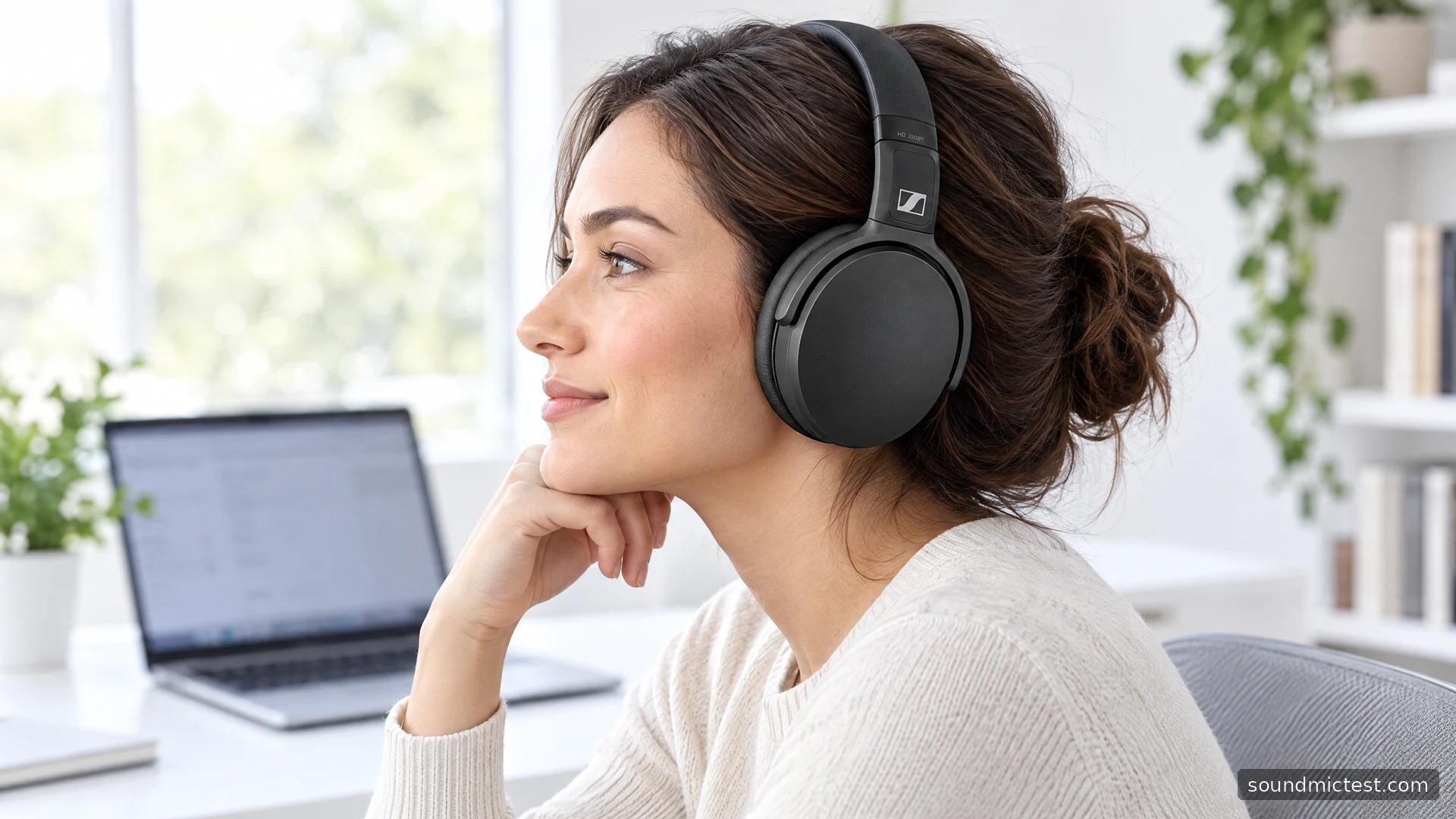 Black Sennheiser HD 350BT worn at a bright white office desk