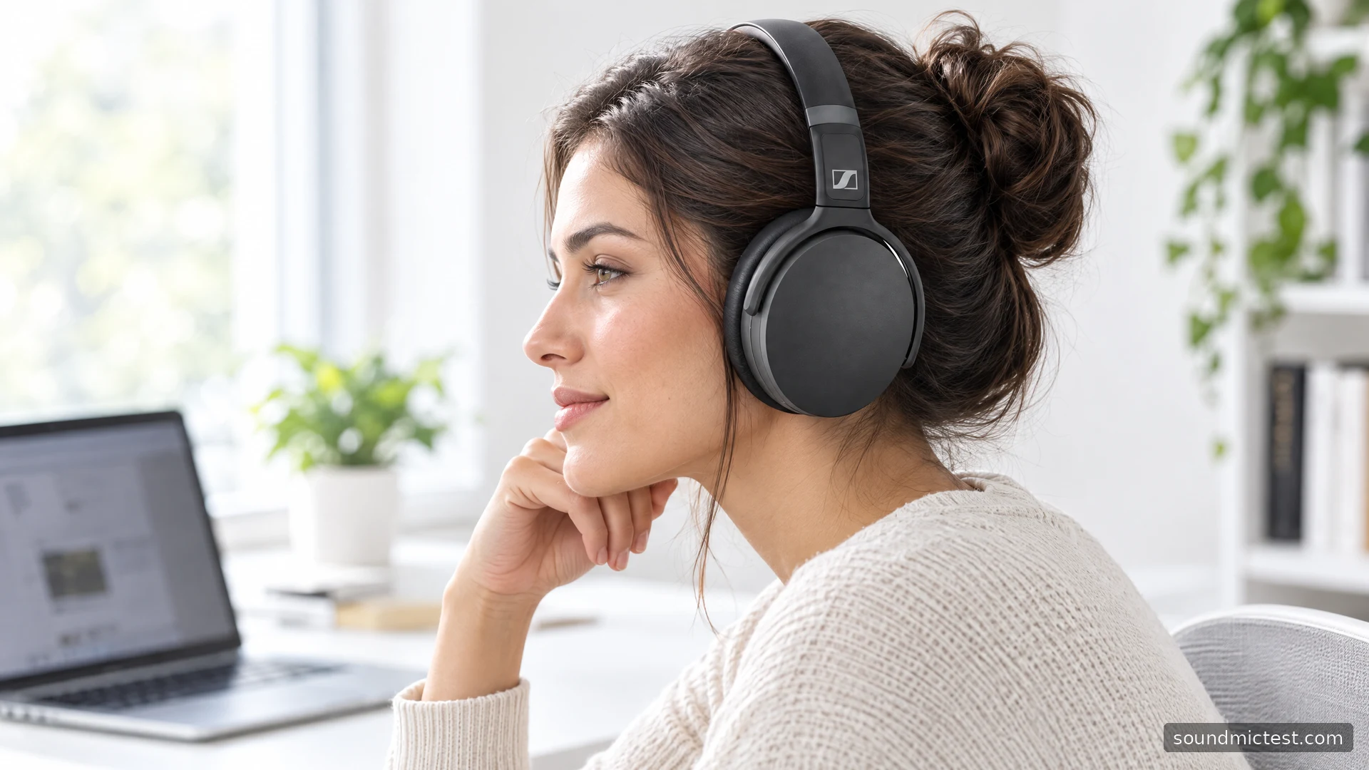 Black Sennheiser HD 450BT worn at a bright white office desk