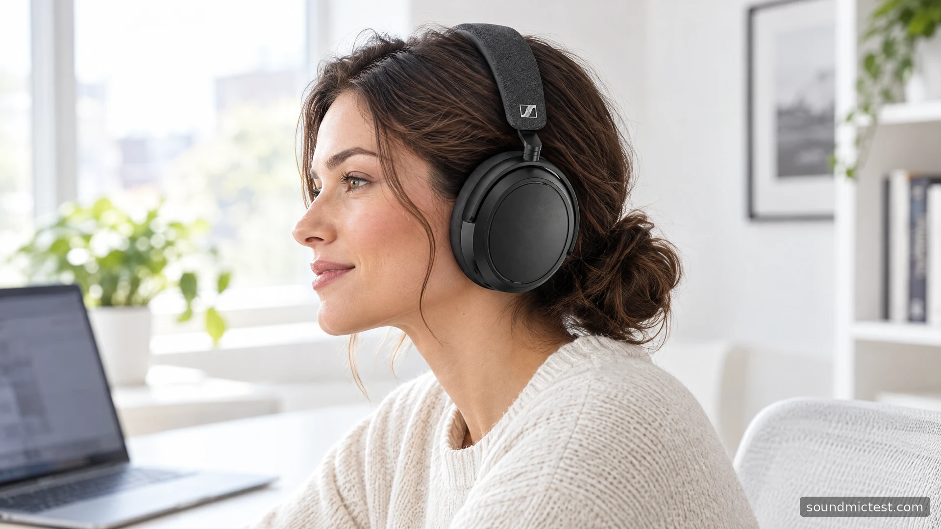 Black Sennheiser Momentum 4 Wireless worn at a bright white office desk